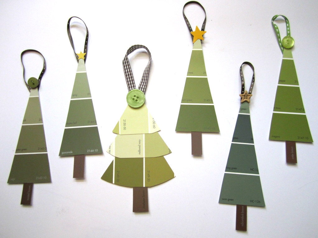 Christmas Tree Ornaments in Earth Green Tones, Upcycled Paint Chip, Set of 6