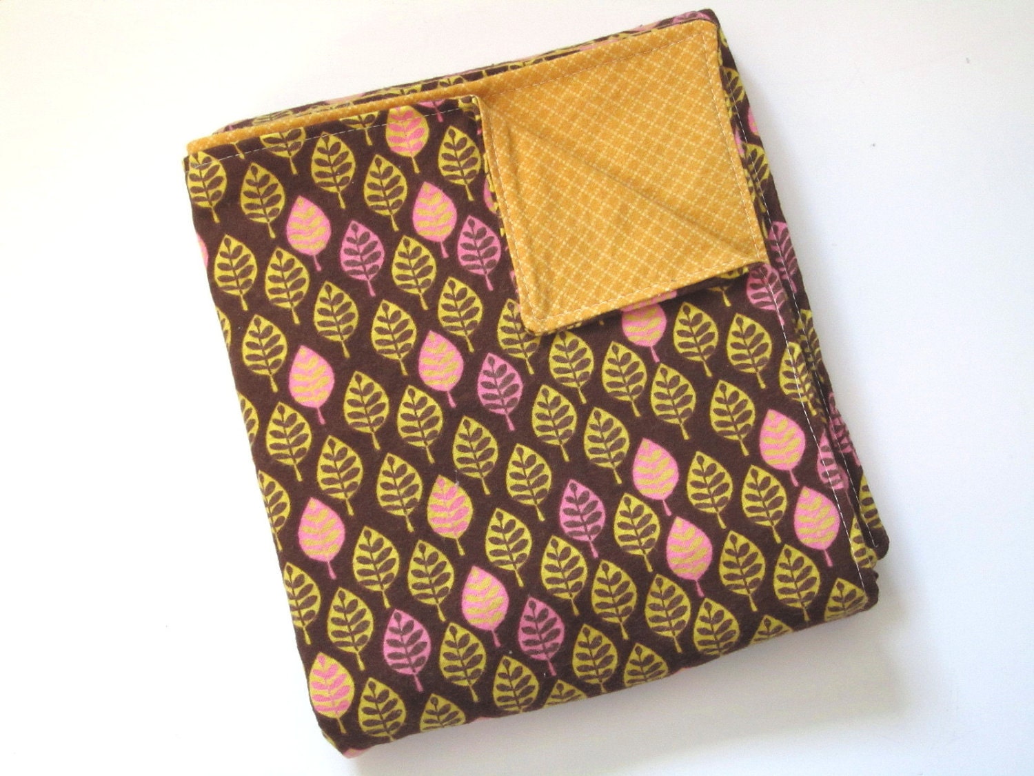 Baby Girl Flannel Swaddle Blanket Brown Pink and Mustard Yellow Leaf Print