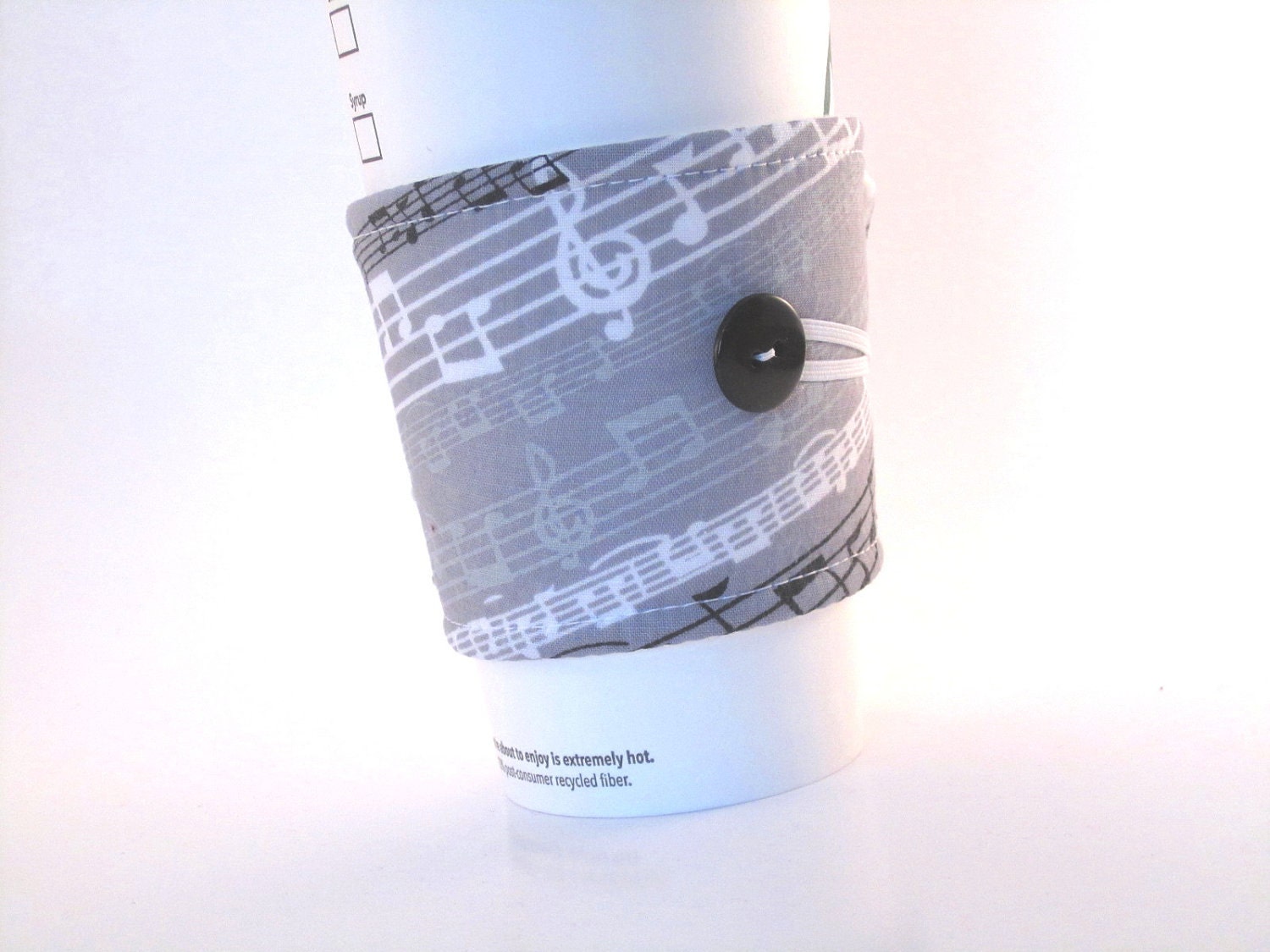 Coffee Sleeve Coffee Cozy Music Notes Black Grey and White