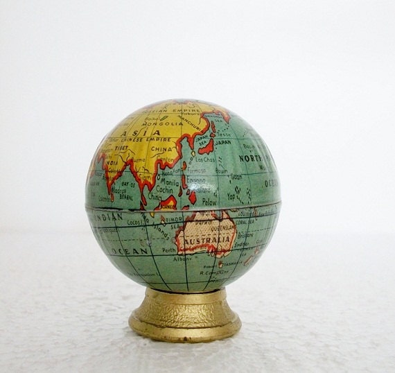 Vintage Tiny World Globe - 1918 Tiny Terrestrial World Globe - Tin Litho Pencil Sharpener made in Germany - TREASURY PICK