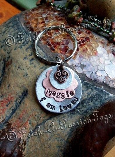 Hand stamped  (I Am Loved... Layered Flower)... Pet ID Tags/Tag Dog/Cat Tags/ID Tag