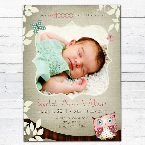 Owl Birth Announcement Photo Card (girl)--Look Whooo Has Just Arrived Il_570xn