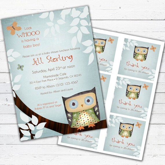 Owl Baby Shower Invitation (boy) and gift bag tags- Little Owlie Il_570xn