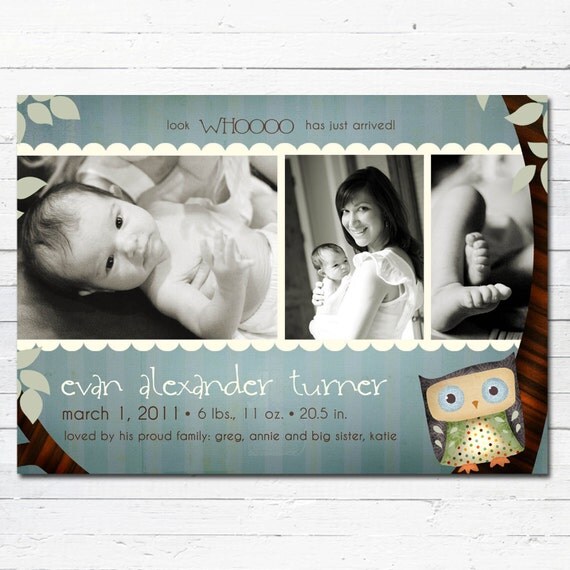 Look Whoooo Has Just Arrived- Custom Birth Announcement Photo Card Il_570xn