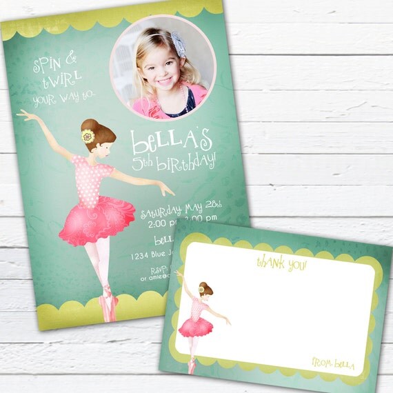 Ballerina Birthday Invitation and Thank You Note- Tiny Dancer, Teal Il_570xn