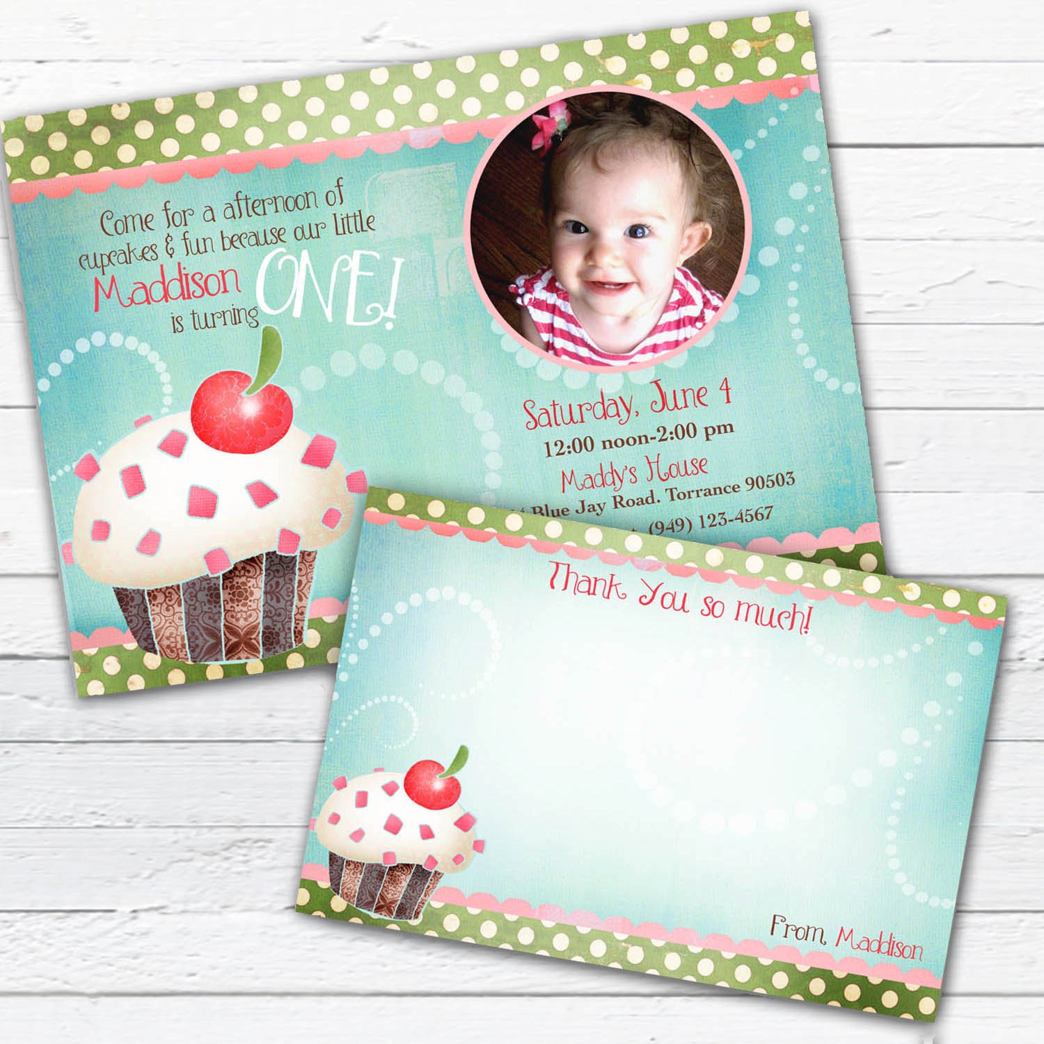 Cuppiecake -- Custom Birthday Invite Photo Card and Matching Thank You Note Il_570xn