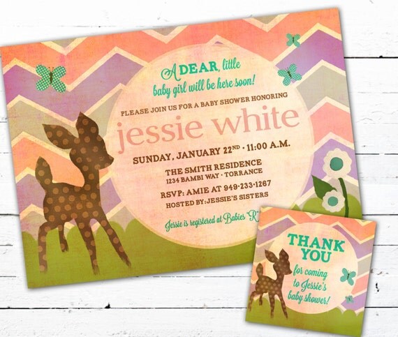 Baby Shower Invitation, girl with matching tags- A Dear Deer with chevron Il_570xn