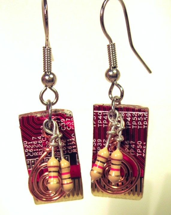 RED HOT Computer Circuit Board Dangle Earrings