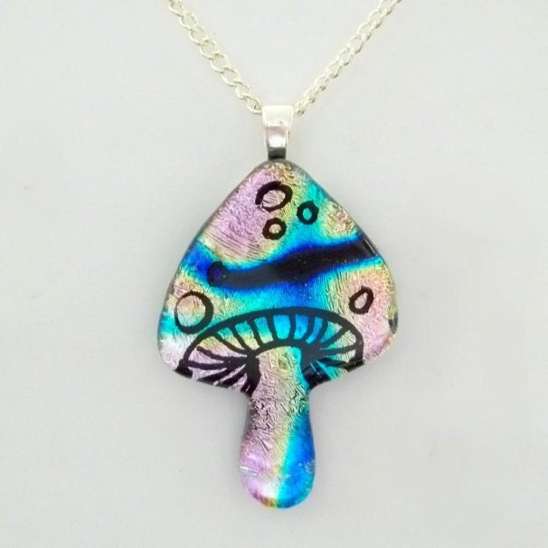 Rainbow Metallic Trippy Magic Mushroom Fused Dichroic Glass Pendant