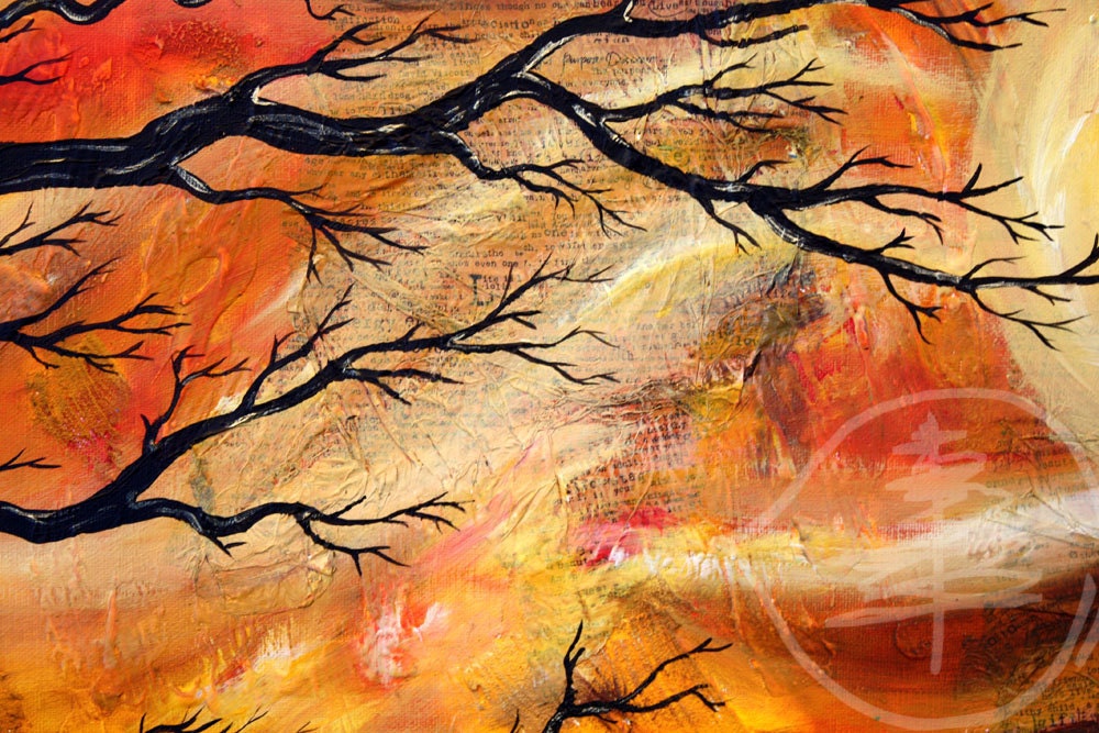 Mixed Media- Tree Painting- Orange- Sunset- Bare Tree- Fall- Autumn Golden
