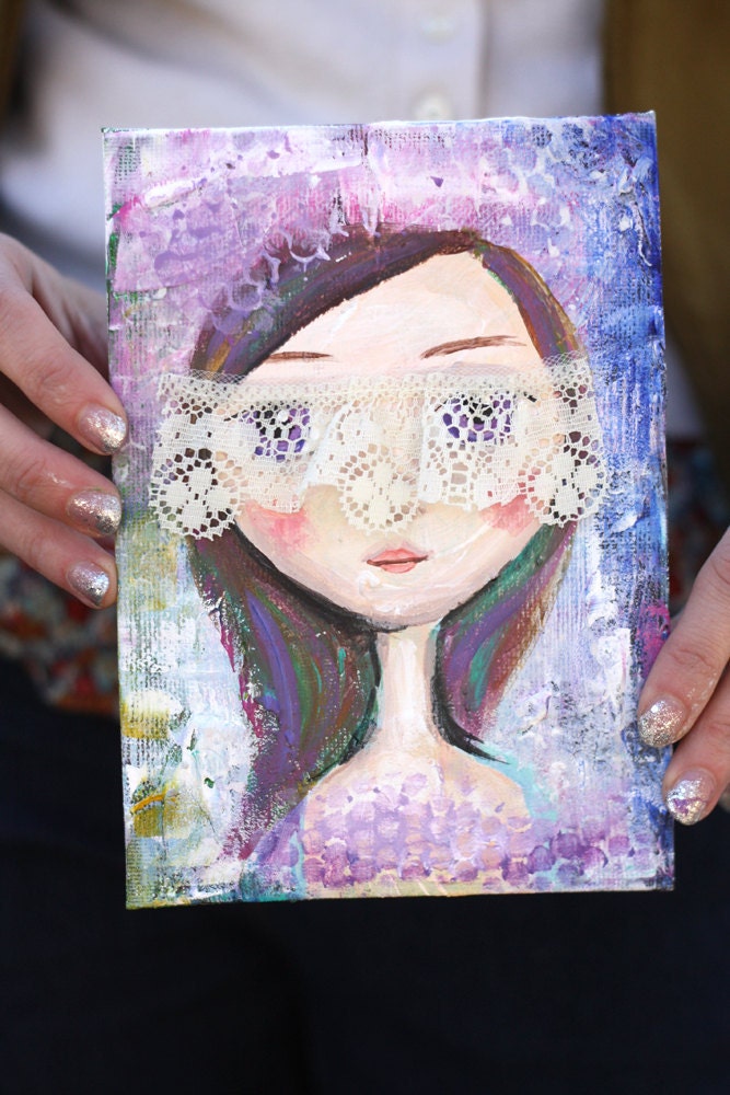 Mixed Media Painting - Girl Portrait - Big Eye Art - Girl Painting - Lace - Small - Mini Painting - 5x7