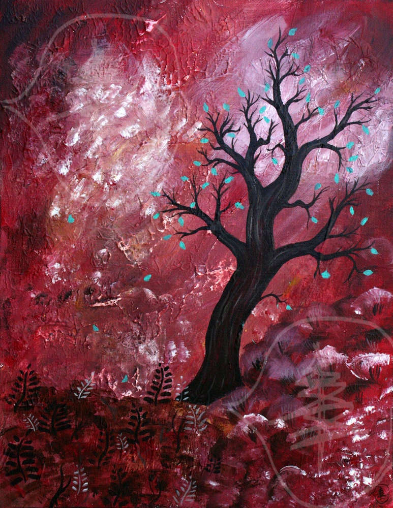Mixed Media - Tree Painting - Red Tree - Fall Painting - Tree Art - Small Print - 5x7