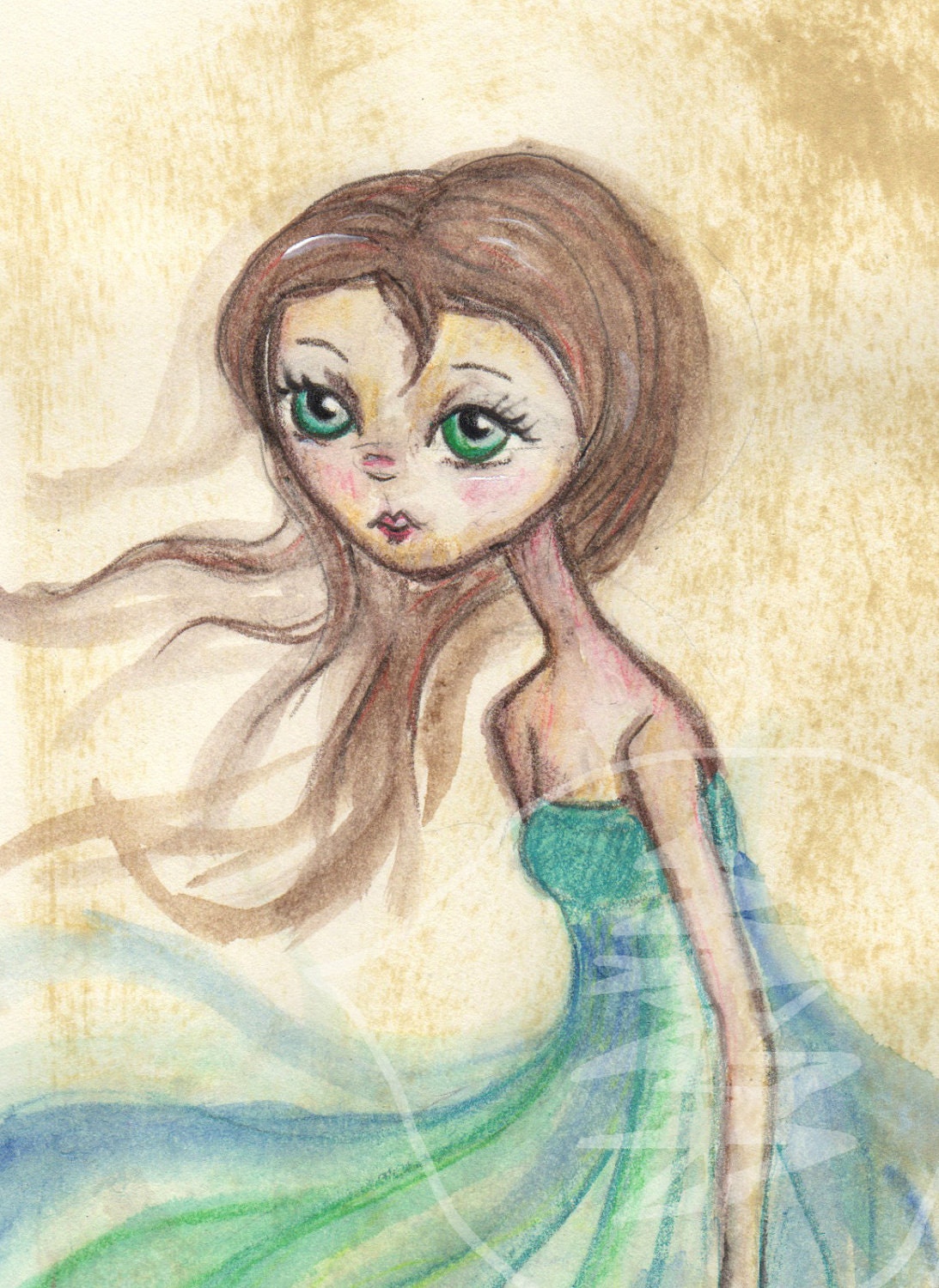Mixed Media Girl - Big Eye Art - Water Girl - Pretty - print - Green
