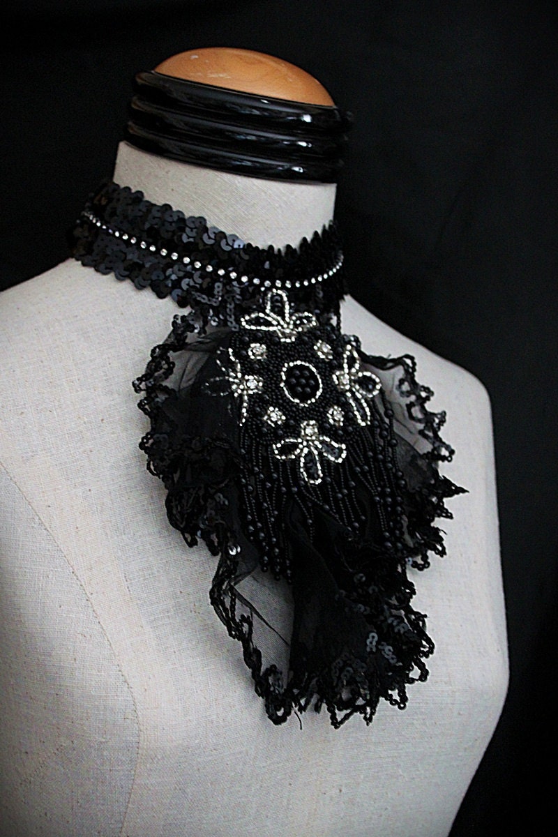BLACK JABOT  Black Silver Statement Necklace Wearable Art