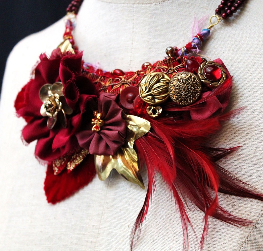 ROSE RED Floral Bib Holiday Necklace Red Roses