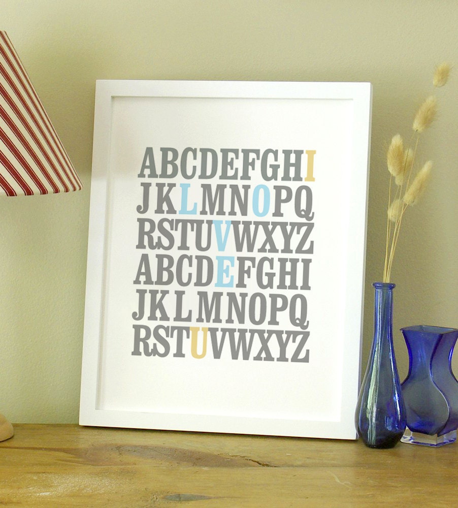 11x14 ABC Print. I love you. Alphabet Love. Typography Print. Light blue and tan - 105