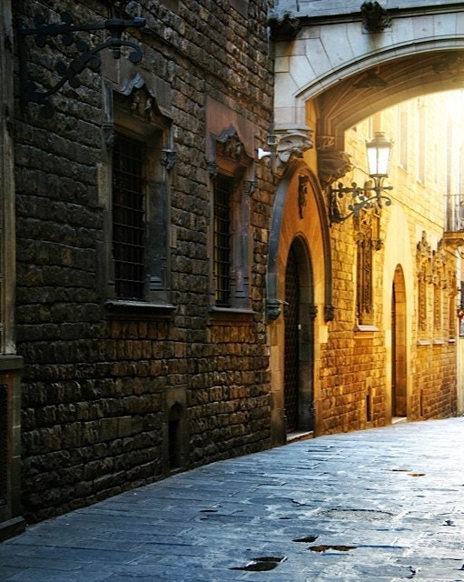 Barcelona by Morning - 8x10 Fine Art Photograph. Barcelona Street in La Ramblas or Barri Gotic in the early morning light as the golden su
