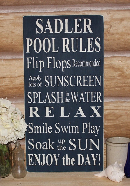 Custom Personalized Family Name Typography Pool Rules -Wood Sign- Outdoor Decor