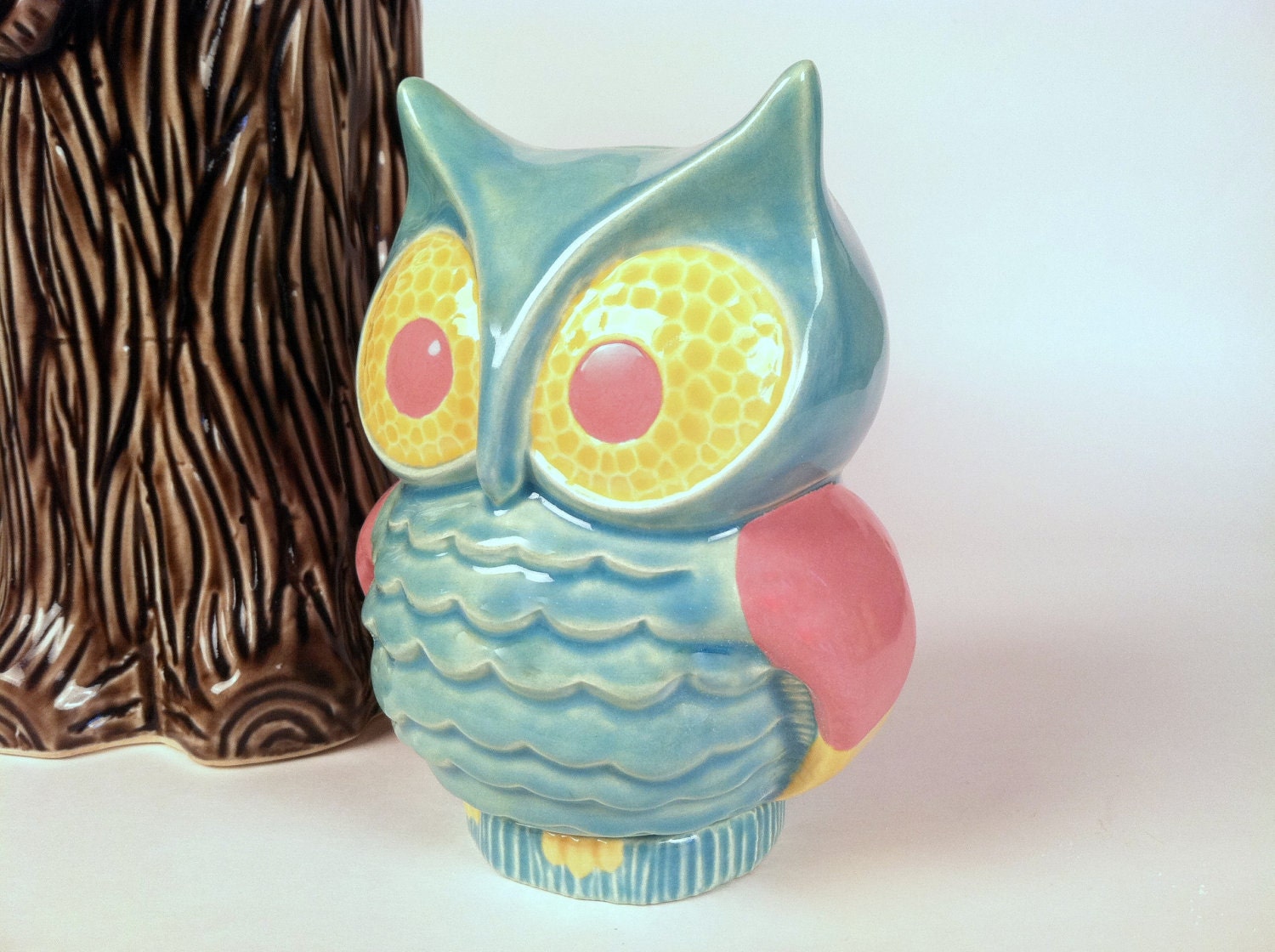 Vintage Ceramic Owl Coin Bank, Turquoise, Pink and Yellow