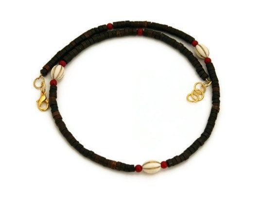 Handmade Tribal ethnic jewelry brown heishi beads cream coral red spice