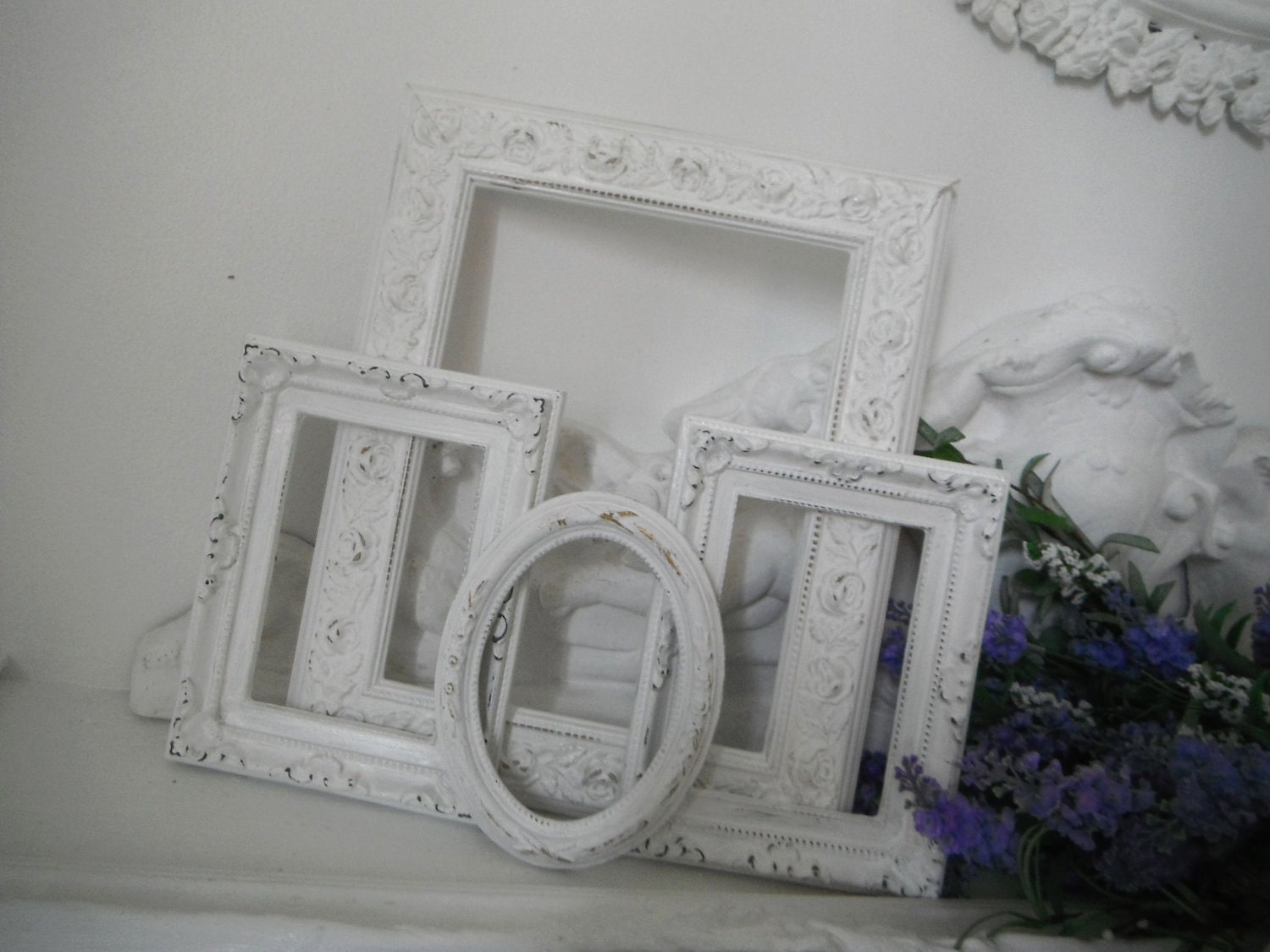 OOAK 4 piece picture frames shabby chic open frames white wedding picture frames shabby chic white picture frames French country ornate