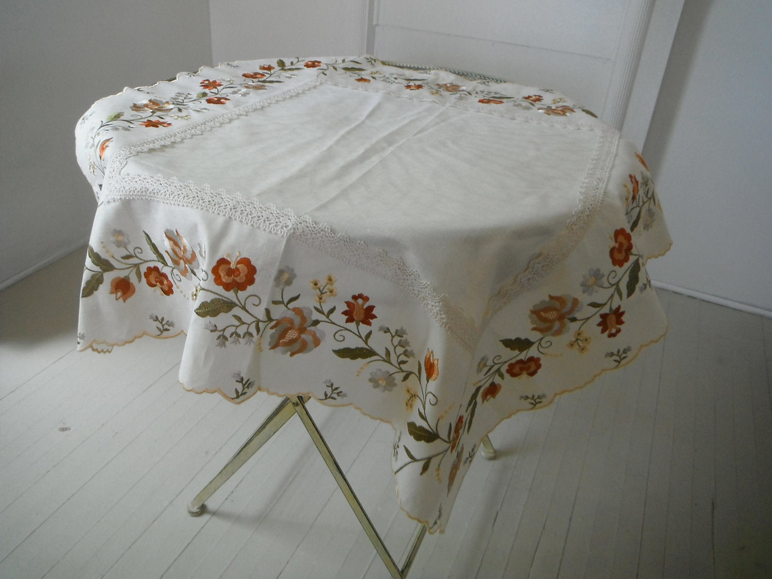 vintage embroidered tablecloth shabby chic cream by ShabbyRoad
