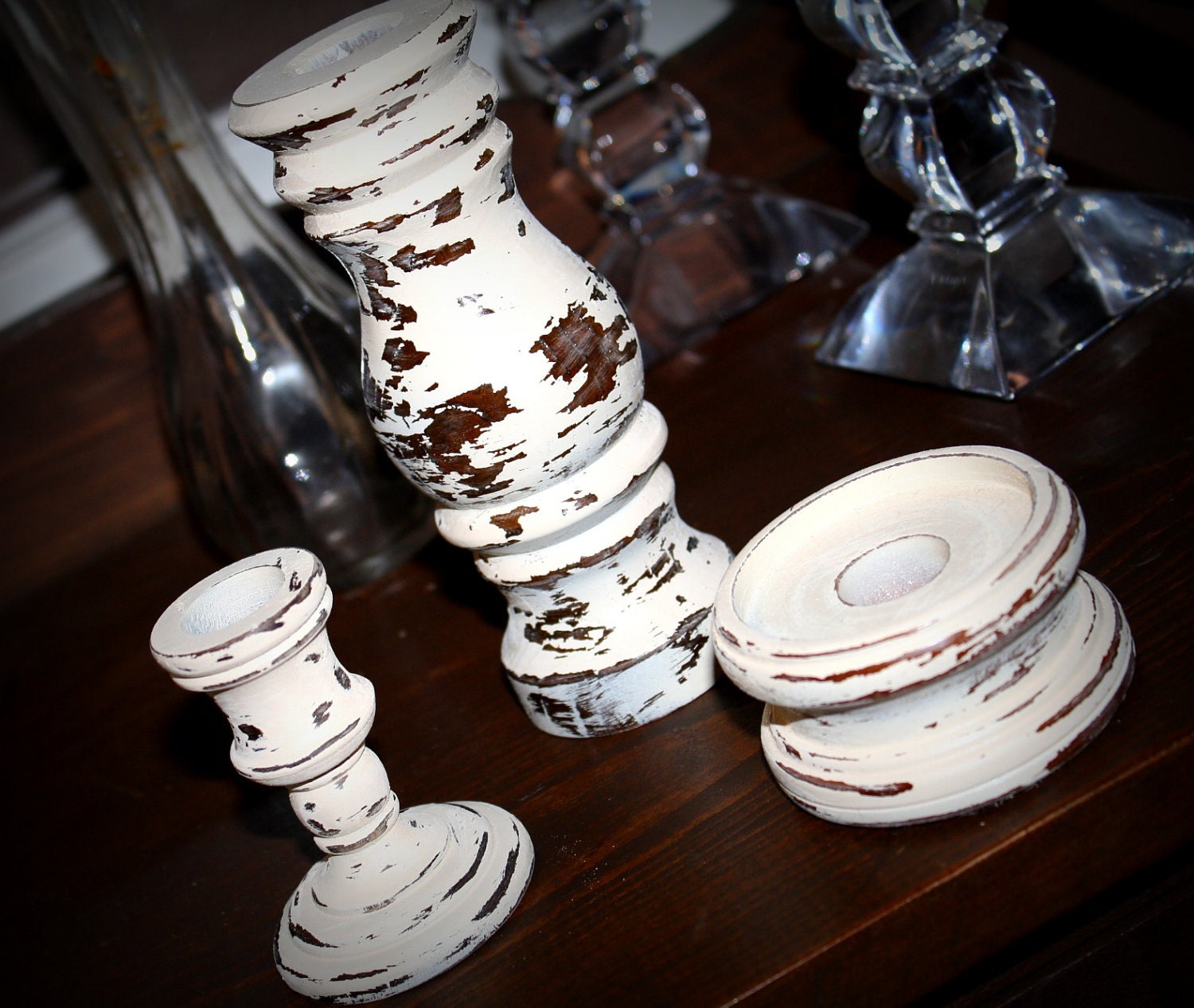 Distressed Rustic White Wood Candle Holders by emmasgems10 on Etsy