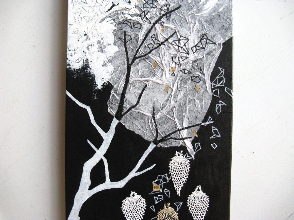 mixed media painting original. abstract black and white. dream factory.