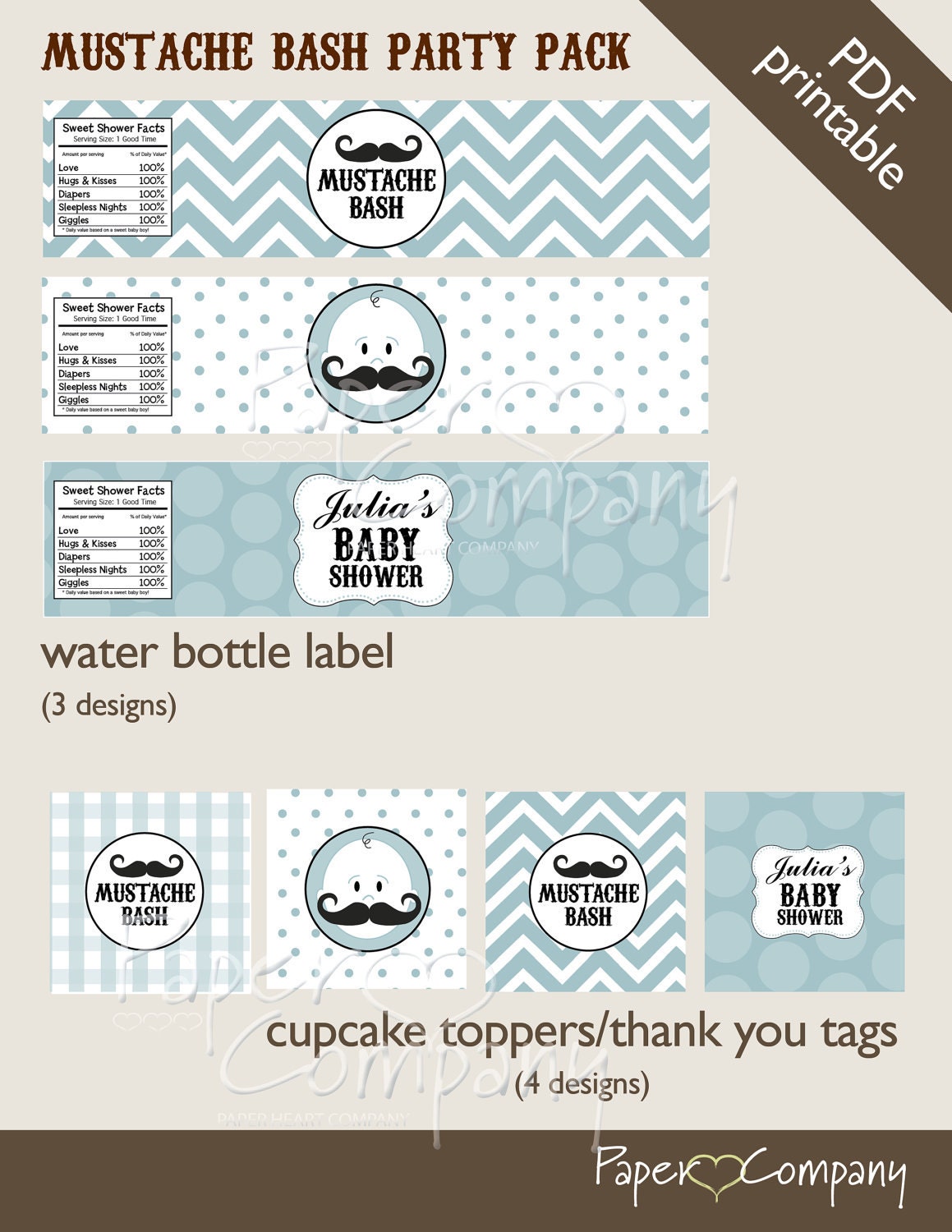 MUSTACHE BASH Boy Baby Shower Party Package Event Printable diy Customizable