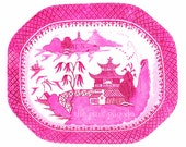 Blue Willow in Bright Pink Chinoiserie Platter 11x14 Giclee - thepinkpagoda