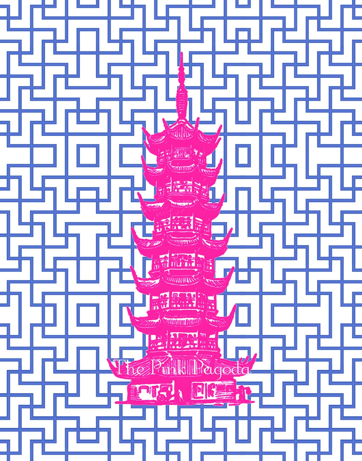 Hot Pink Pagoda on Navy Lattice Giclee 11x14 - thepinkpagoda