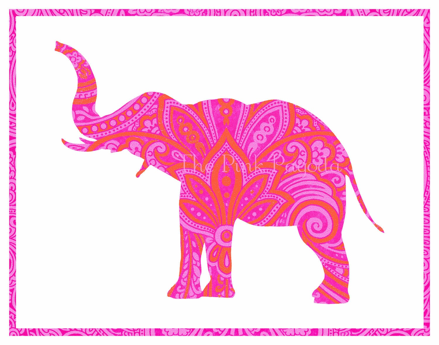 Tangerine Orange and Hot Pink Indian Paisley Elephant Silhouette Giclee 11x14 - thepinkpagoda