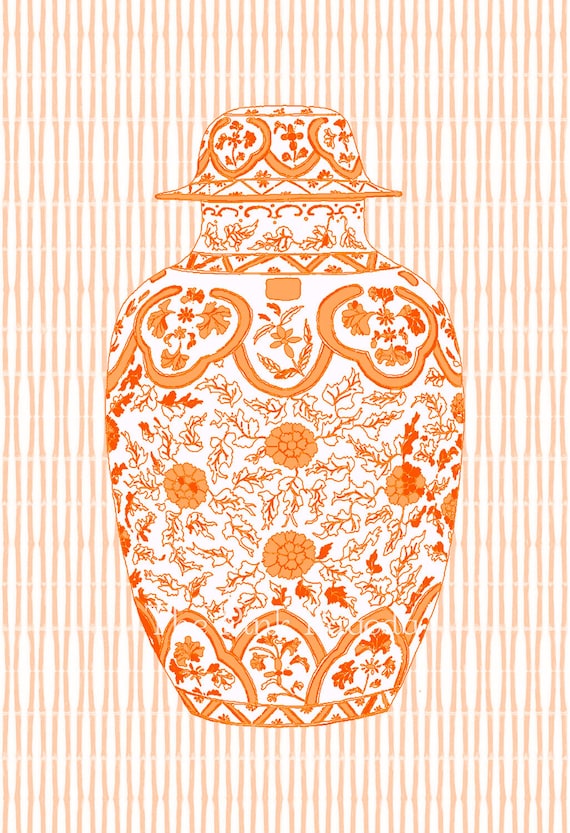 Ming Chinoiserie Ginger Jar in Orange 13x19 Giclee