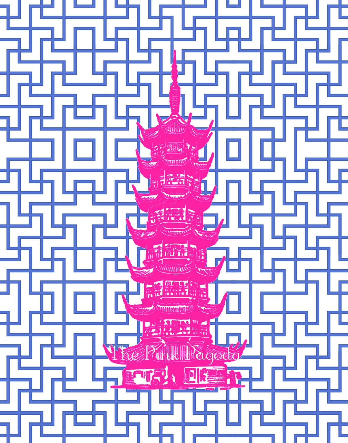 Hot Pink Pagoda on Navy Lattice Giclee 11x14