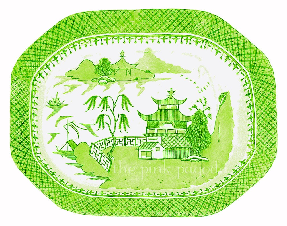 Blue Willow in Lime Green Chinoiserie Platter 11x14 Giclee