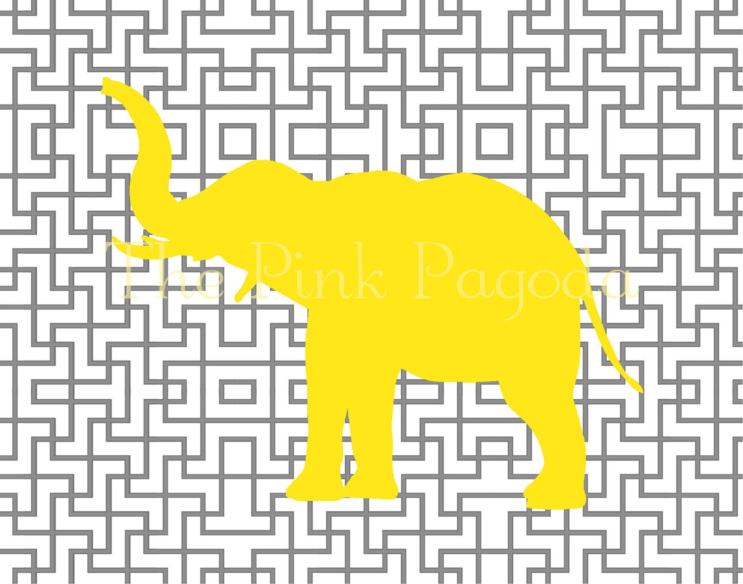 Yellow Elephant Silhouette on Gray Lattice Facing Left Giclee 11x14