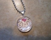 Pink Love birds glass domed original art pendant necklace with text