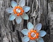 Funky Tangerine Wire Wrapped Flower Daisy Flower White AB Dangle Summer Earrings
