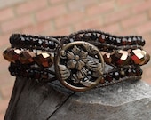 3 Three Row Beaded Leather Cuff Button Golden Bronze Sparkle Brown Woven Wrap Bracelet