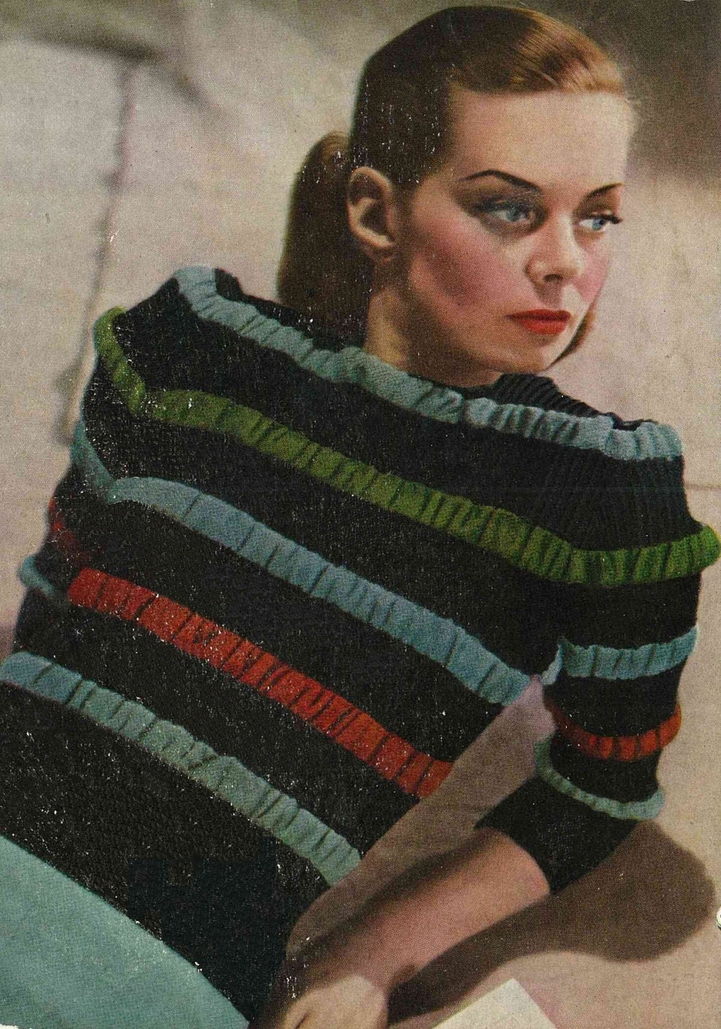 1940s Striped and Ruched Jumper, from Stitchcraft WW2 era - vintage knitting pattern PDF (438)