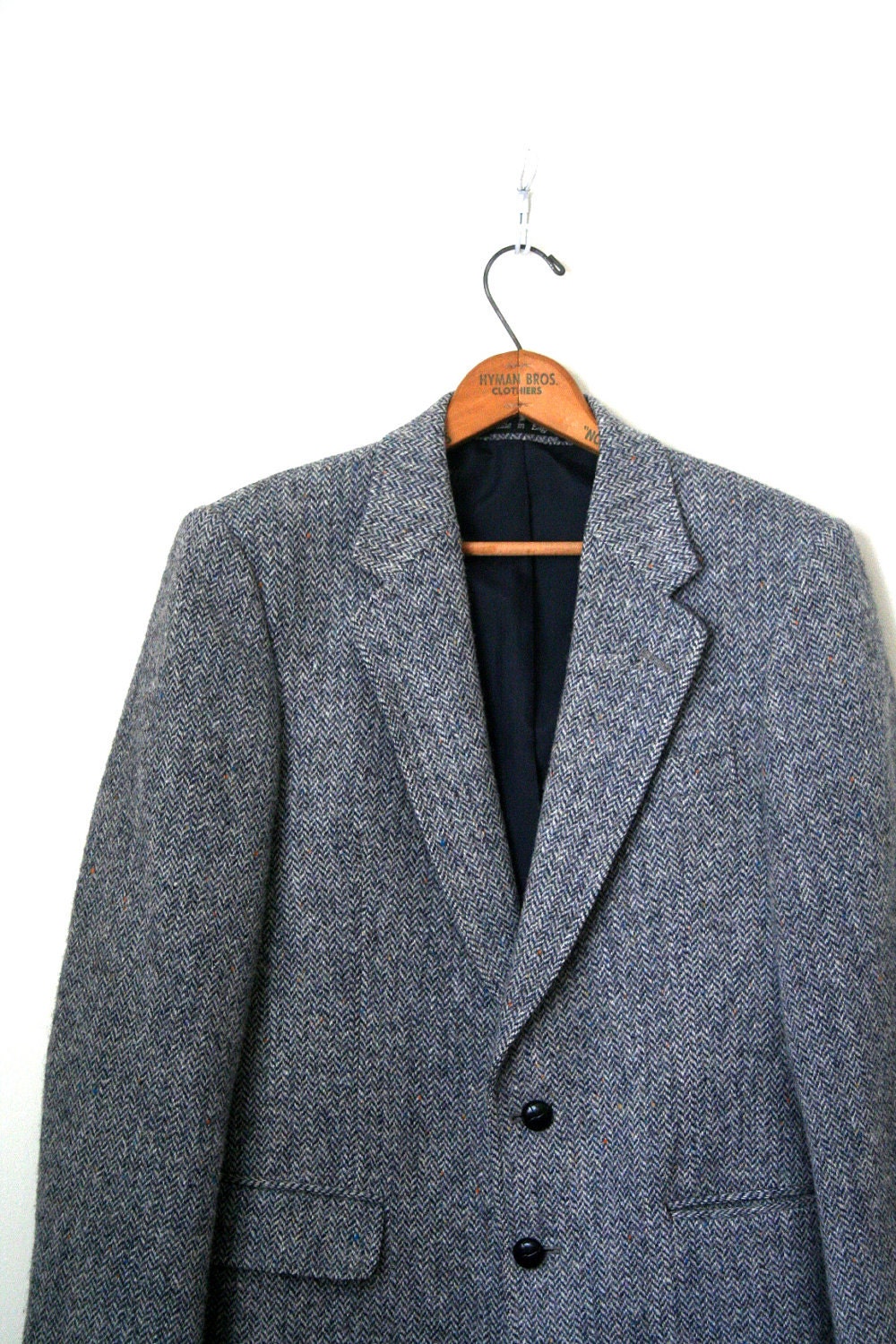 vintage sport coat / jacket HARRIS TWEED slate blue herringbone / smiths bermuda . 37R