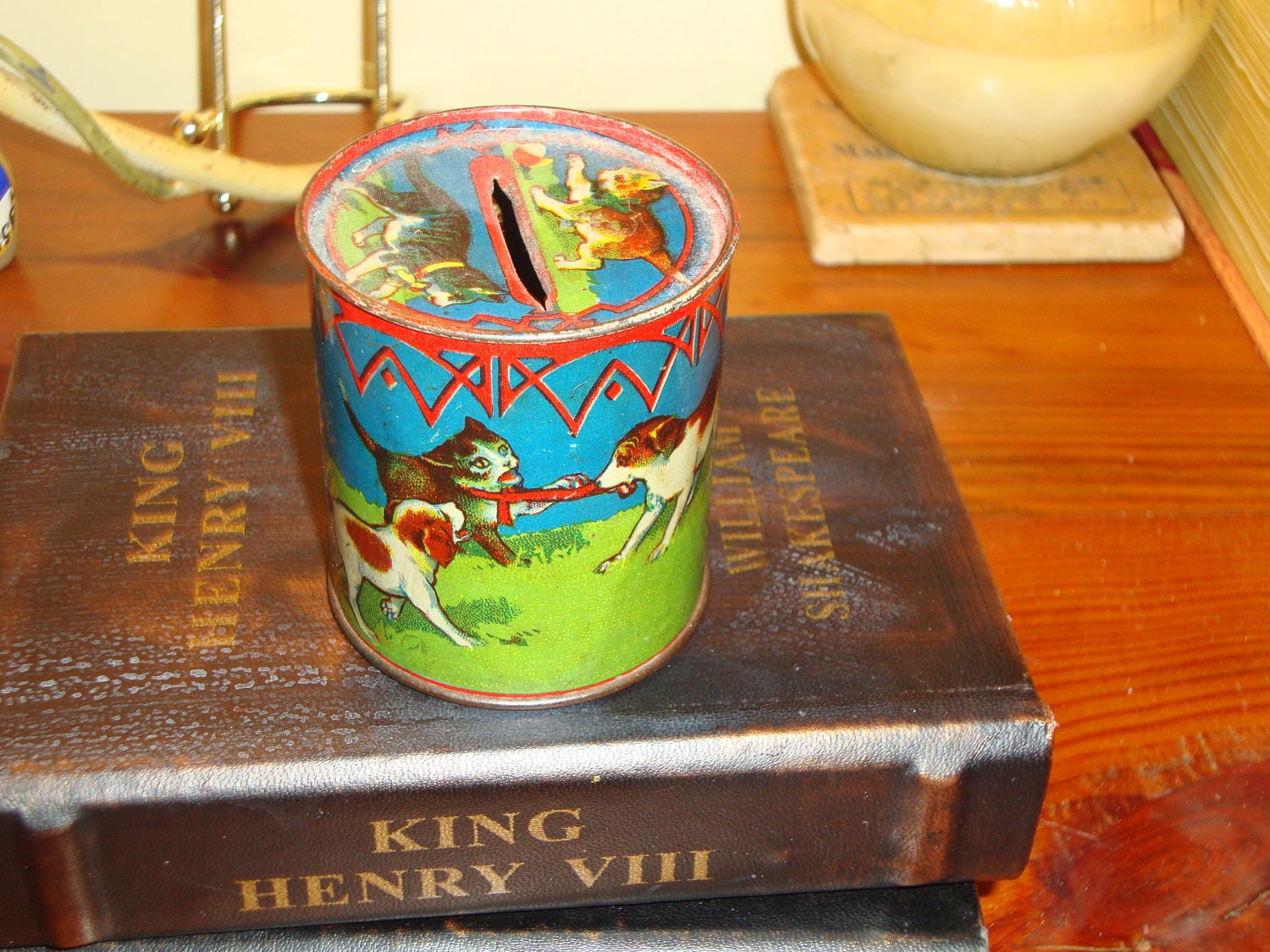 SUPERB Vintage Early 1900's Very Rare Lithographed Tin CATS & DOGS Still Bank - Art Nouveau - Treasury Item