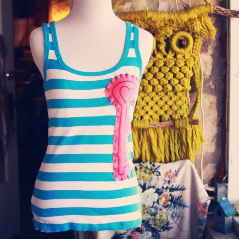 Blue & White Striped Tank Top with Skeleton Key Patch