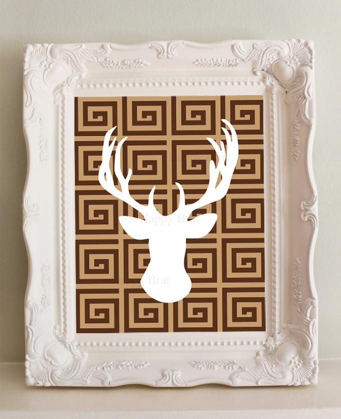 Deer Head Print with Greek Key - Modern Art Prints 8 x 10 Deer Antler Print