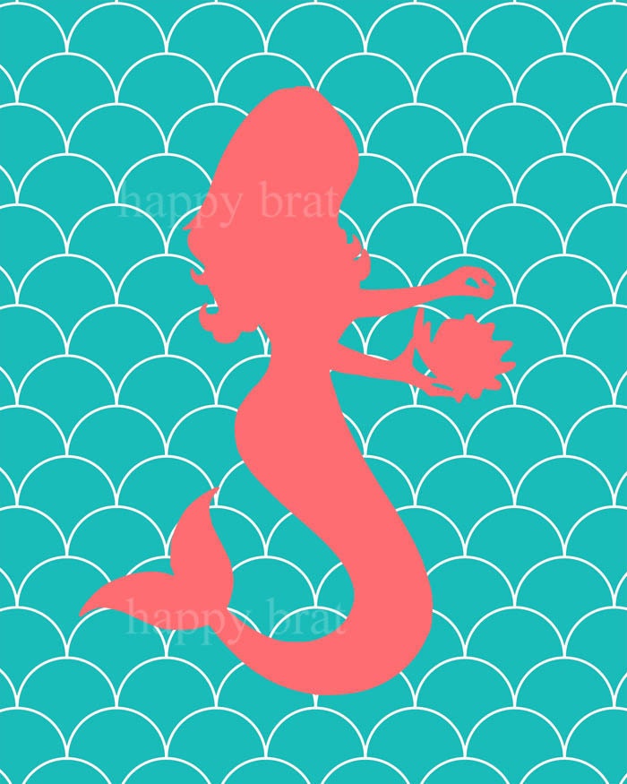 Mermaid Art, Coral and Turquoise,Mermaid Print -Modern Art Prints 8 x 10