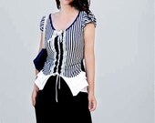 Navy blue white striped women T-shirts/jersey tops/lace cotton fancy blouses/ holiday dresses