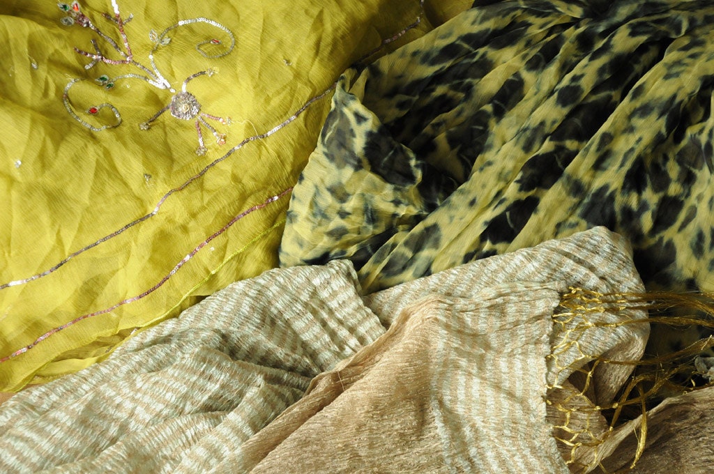 Bundle of Indian Sari Fabric, silk chiffon 3 Complete Sarees, sequin green gold animal print material for crafts, accessories ribbons