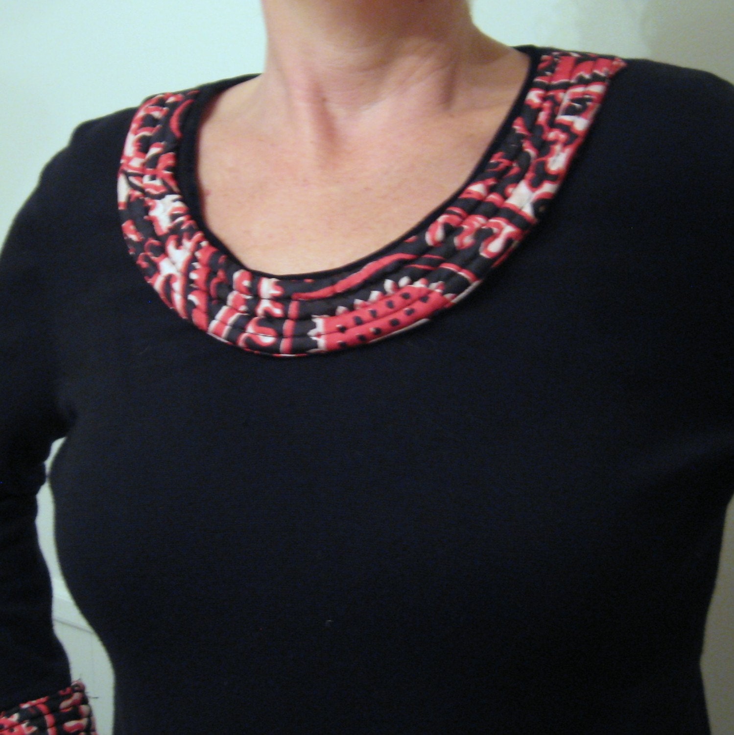 Elegant Reconstructed Indian Silk on Black Medium Recycled Fine Gauge Cotton Knit Ethnic Beauty
