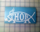 THOR fish White vinyl decal (jesus fish parody) 3.6x6.5"