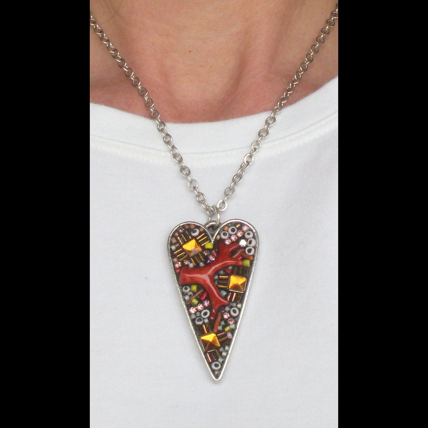 Large Heart Pendant with Coral